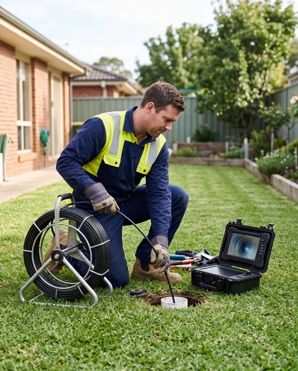 Drain camera inspection in a backyard