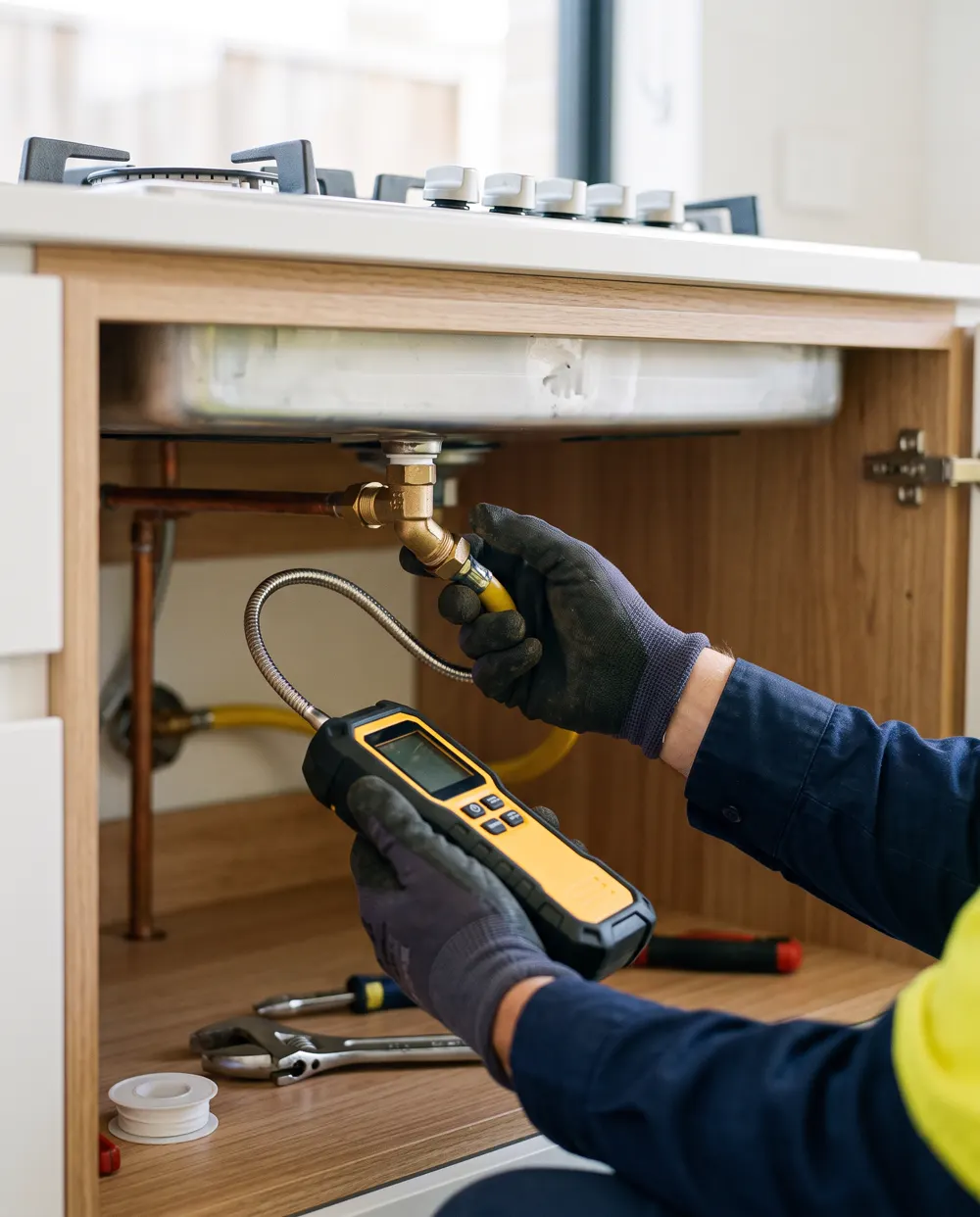Gas fitter testing a cooktop connection with a leak detector