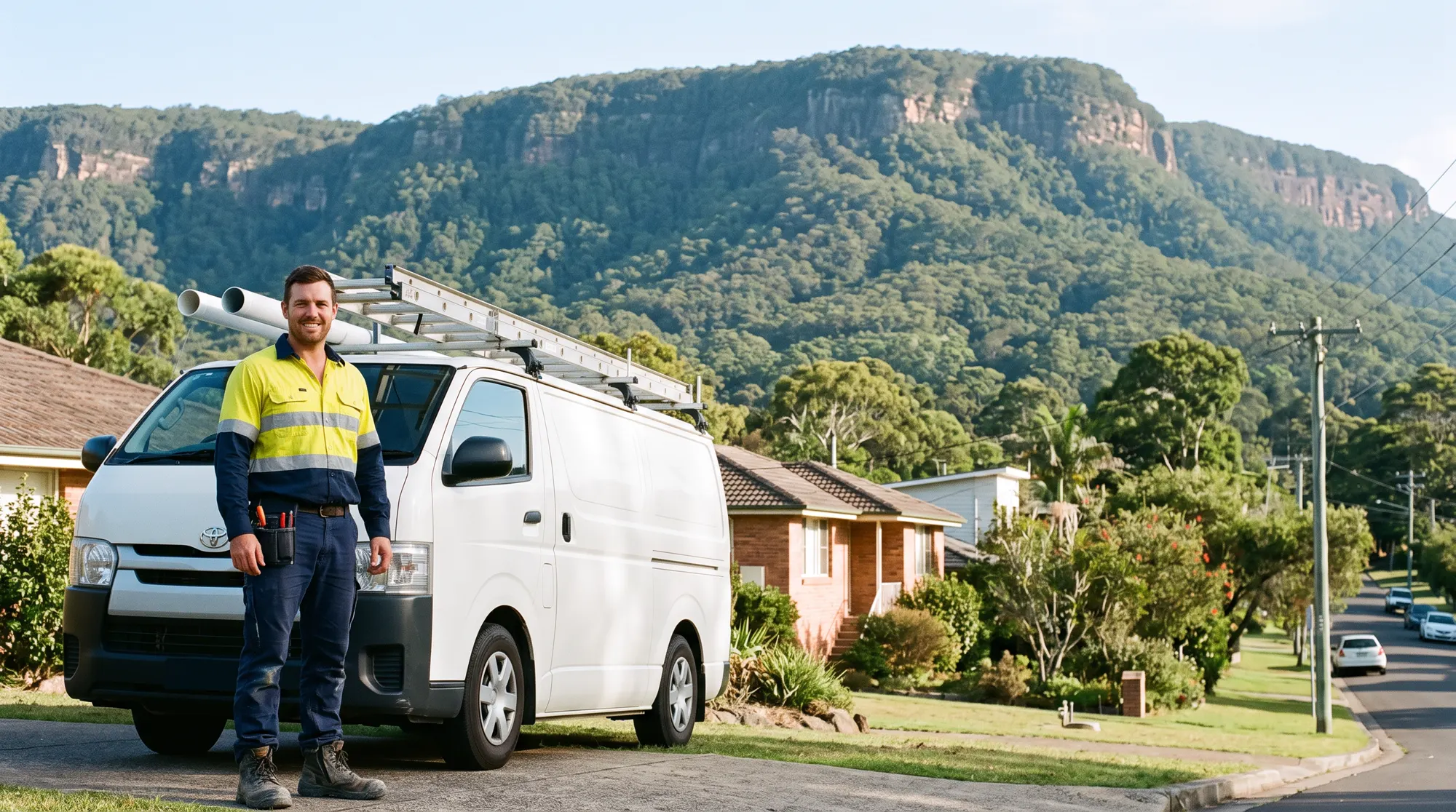 Plumber standing beside his work van in a leafy Wollongong street, escarpment behind